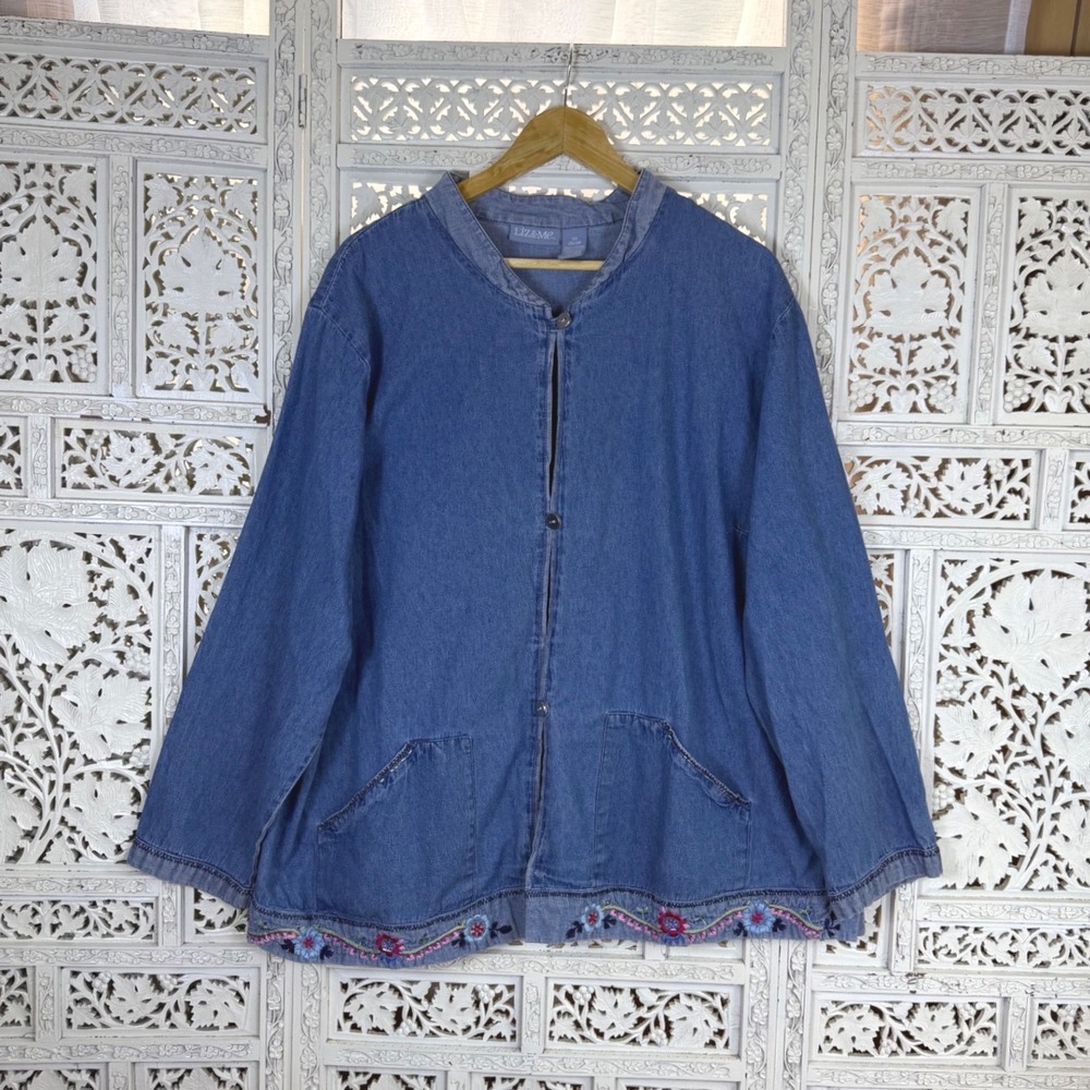 Vtg Granny Cottage Embroidered Chore Jacket Womens 3X Shacket Barn Denim